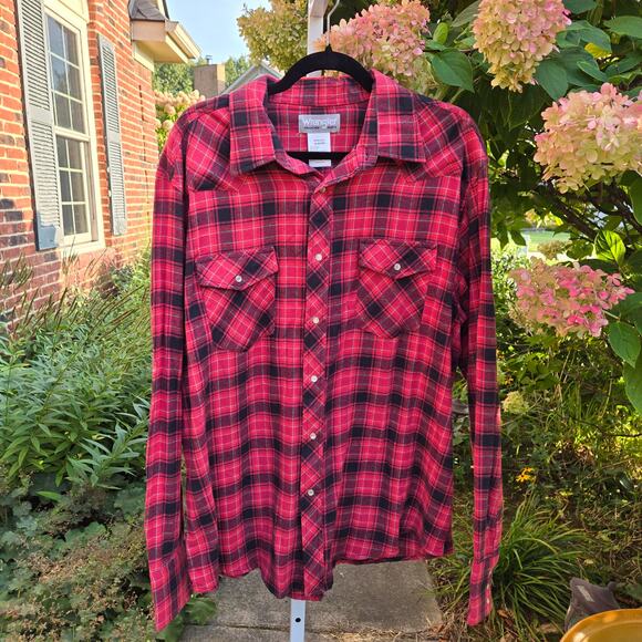Wrangler Wrancher Red Black Plaid Flannel Yoke Pearl Snap Western Cowboy size XL - Picture 1 of 11